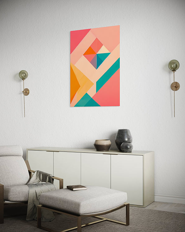 abstract artwork featuring geometric shapes in pastel colours, wall art print hanging in living room
