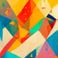 abstract artwork titled rain and featuring abstract geometric shapes and bold colours, with rain like specks scattered throughout.  