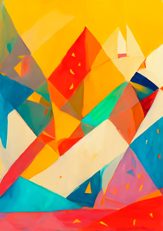 abstract artwork titled rain and featuring abstract geometric shapes and bold colours, with rain like specks scattered throughout.  