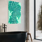 Australian Wall Art Print Salt Water Crocodile (Salty) showing the rhythm and repetition of the green scales. Wall Art print shown hanging above a black bath tub.