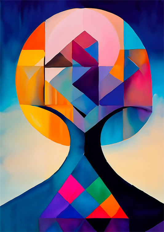 abstract artwork featuring human head and tree simultaneously fully of blood and bright colours.