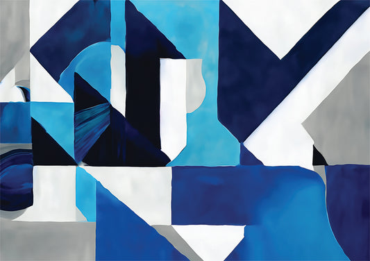 Abstract contemporary printable wall art with navy blue, blue, grey and white tones.