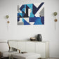Abstract contemporary printable wall art with navy blue, blue, grey and white tones.  Wall art hanging in living room