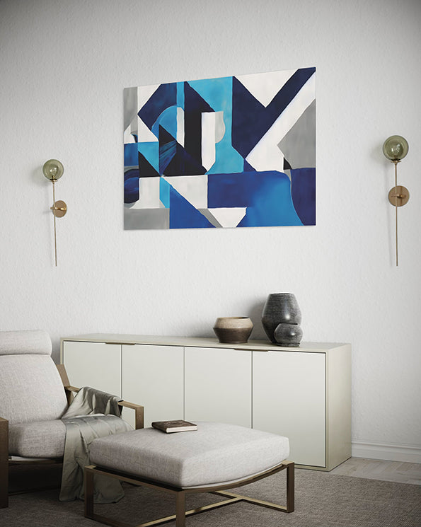 Abstract contemporary printable wall art with navy blue, blue, grey and white tones.  Wall art hanging in living room