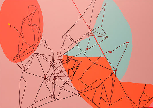 printable wall art, red, pink and a muted blue colours with a line drawing over the top create a unique printable artwork