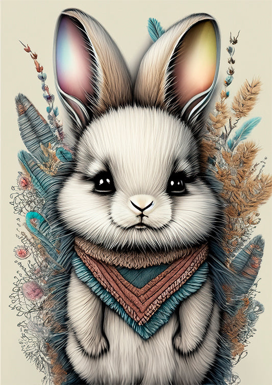 kids wall art baby bunny illustration surrounded by colourful earthy flowers.