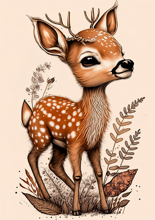 kids wall art print baby deer with boho type flowers around the feet.