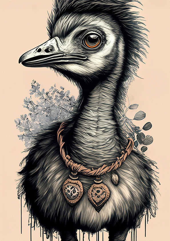 kids wall art emu illustration with some flowers behind emu