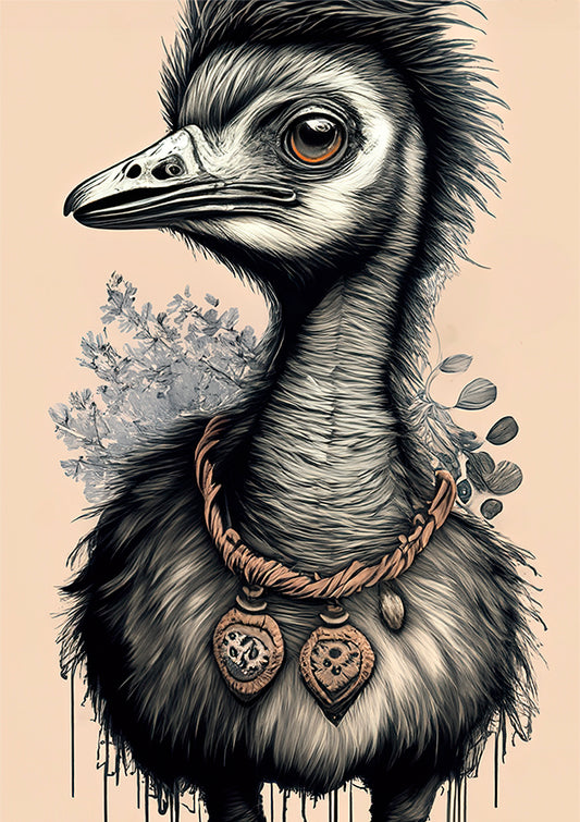 kids wall art emu illustration with some flowers behind emu