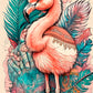kids wall art print, pink flamingo with pastel coloured leaves behind.