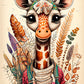 kids wall art baby giraffe illustration with lots of leaves behind, giraffe is dressed in bohemian type clothes.