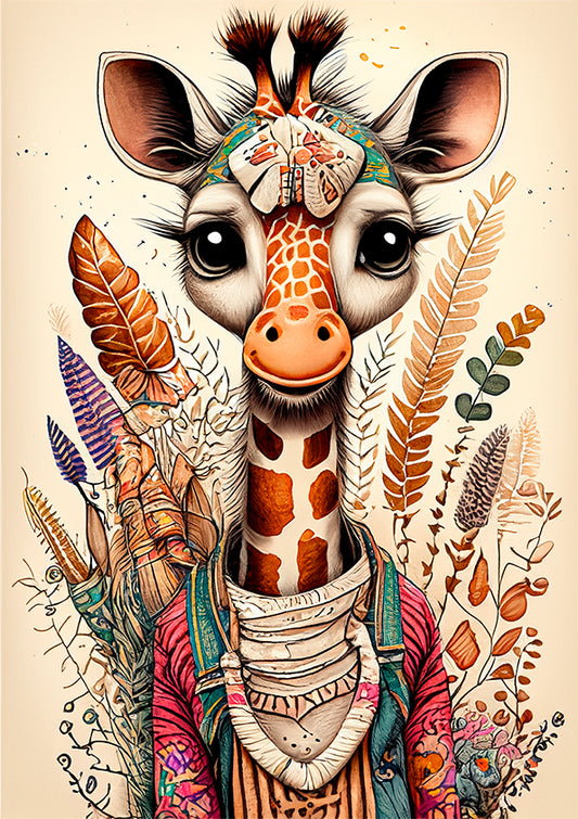 kids wall art baby giraffe illustration with lots of leaves behind, giraffe is dressed in bohemian type clothes.