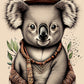 kids wall art print, Australian Koala illustration with green gum leaves behind the koala.