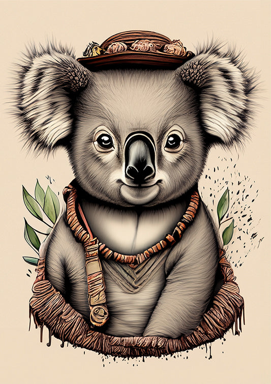 kids wall art print, Australian Koala illustration with green gum leaves behind the koala.
