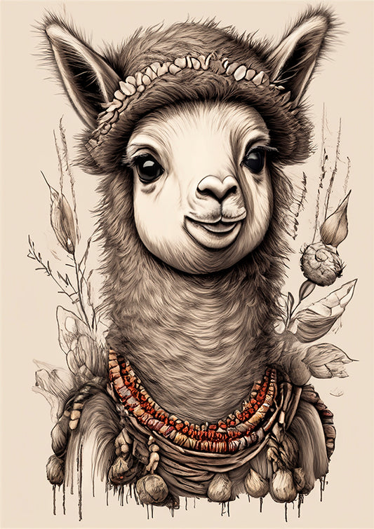 Kids wall art Lllama illustration with leaves in the background