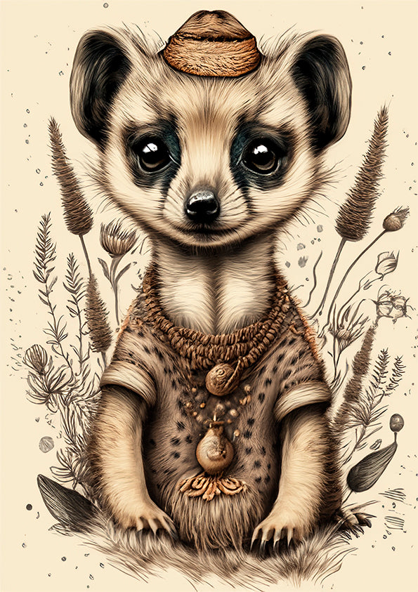 kids wall art print baby meerkat illustration with nature leaves surrounding it.
