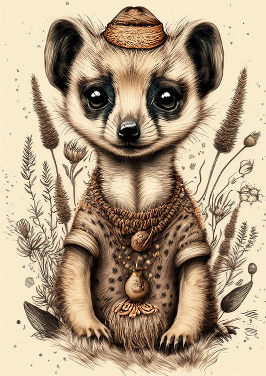 kids wall art print baby meerkat illustration with nature leaves surrounding it.