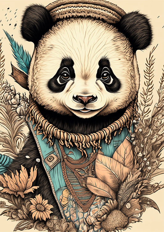 Kids Wall Art Baby Panda sketch with boho flowers around it