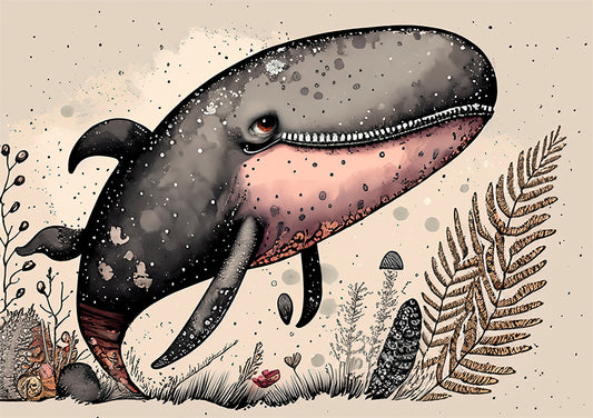kids wall art print of a baby whale in earthly tones and earthy coloured coral.  