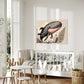 kids wall art print of a baby whale in earthly tones and earthy coloured coral.  Print is hanging in a nursery above a toddler's bed.