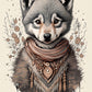 kids wall art print of a wolf wearing nature based necklace.