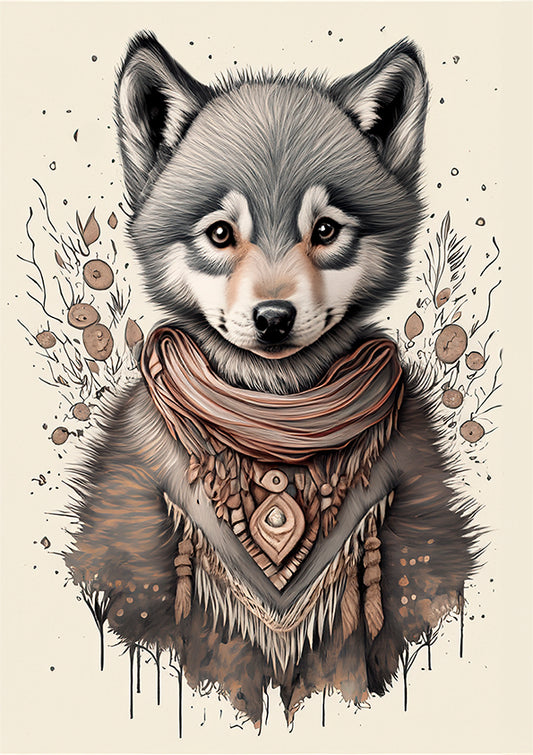 kids wall art print of a wolf wearing nature based necklace.