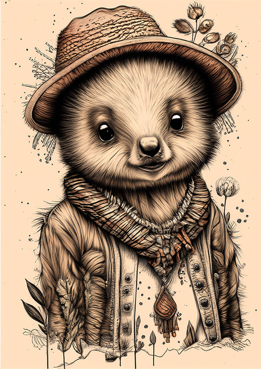 kids wall art print of a wombat wearing a hat with flowers surrounding it.  boho type feel to it.  