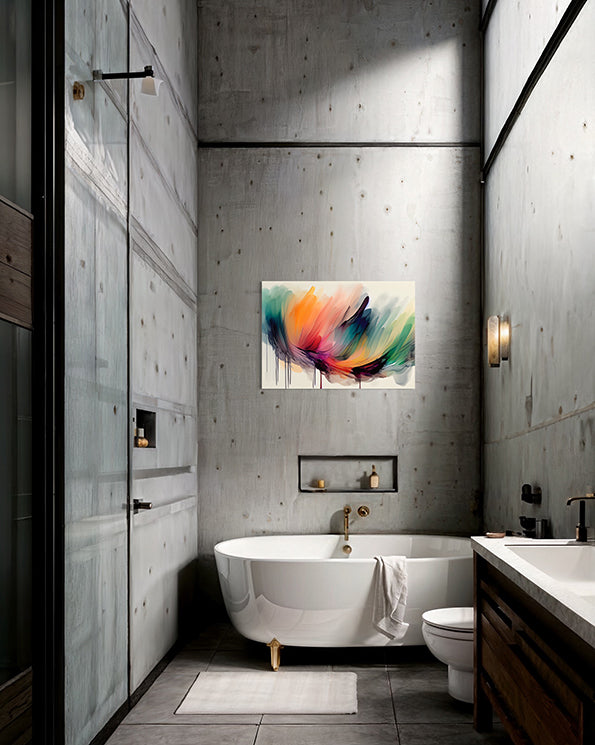 abstract artwork, rainbow colours that are dripping down the page, a unique wall art print hanging in bathroom above bath tub