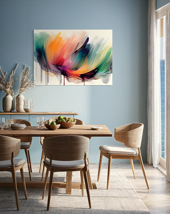 abstract artwork, rainbow colours that are dripping down the page, a unique wall art print hanging in living room above dining table