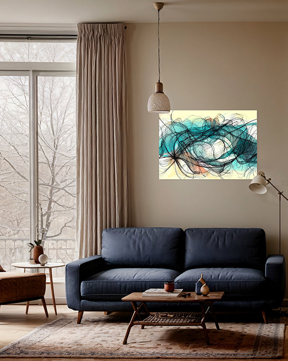 Australian Wall Art Prints, Spiraling lines and paster colours creating a rhythm across the page, unique wall art print in living room