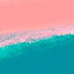abstract artwork featuring ocean shoreline from above, pink sand meets the white wash in the middle of the frame with blue ocean waves