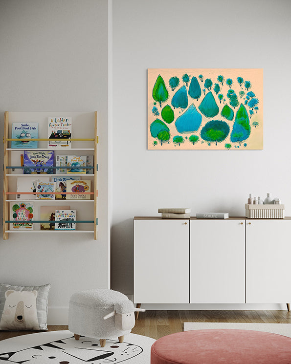 botanical wall art print, tiny forest sketch with a boho feel hanging in children's room above cabinet
