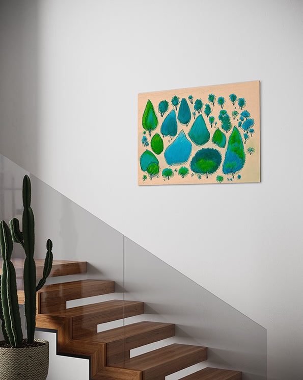 botanical wall art print, tiny forest sketch with a boho feel hanging above a staircase in a hallway