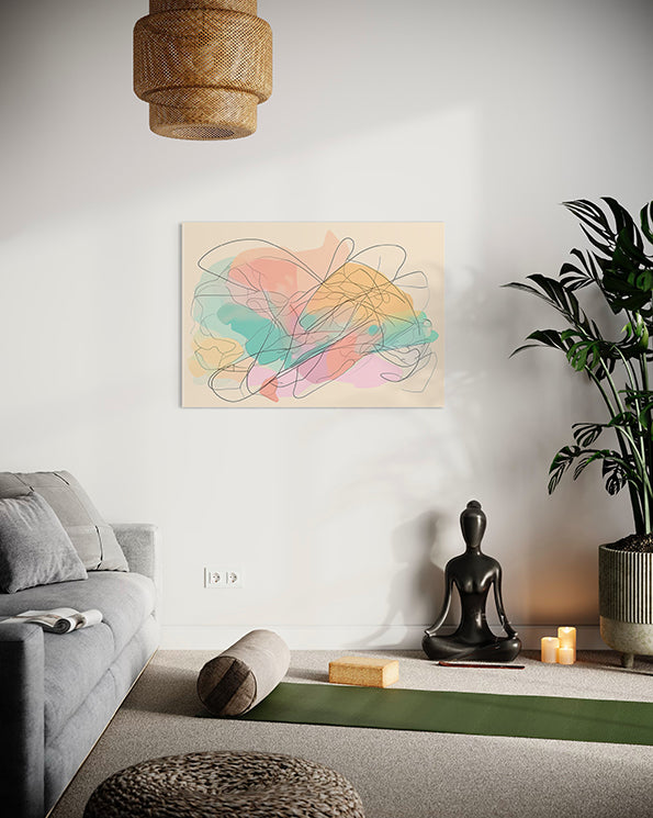 Australian Wall Art, time unique wall art, line drawing with muted pastel colours, wall art hanging in yoga studio