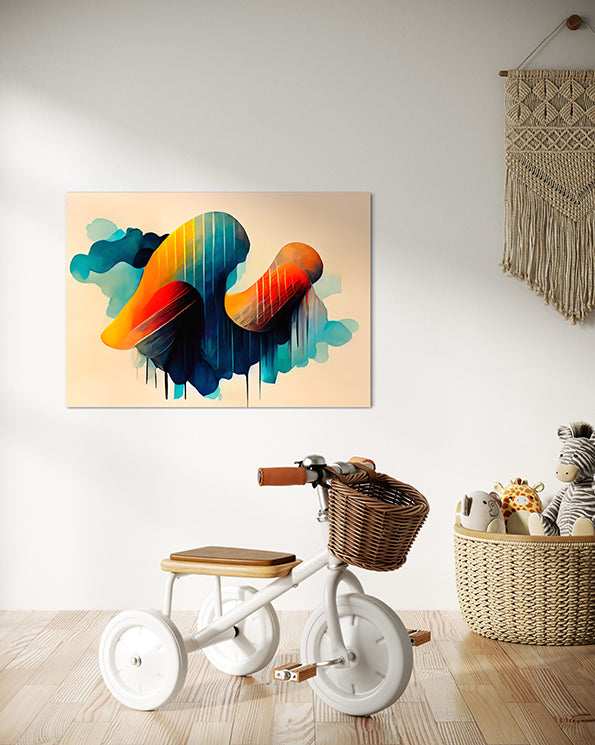 Printable Wall Art, Daydreaming, colourful clouds and bright colours with paint dripping, wall art print hanging on child's wall above a bike
