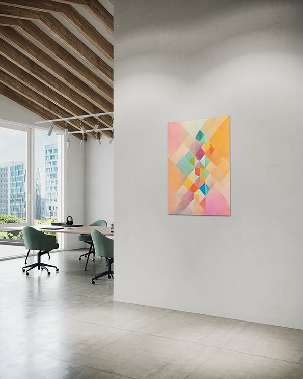 Fortune Stack Unique Wall Art Print featuring pastel colours and geometric shapes.  Wall art print hanging in office.