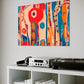 abstract wall art print land featuring colours and shapes that represent the earth and water from an aerial view, Australian land wall art hanging in living room above a stereo player