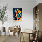 abstract artwork full of colour and geometric shapes wall art hanging in living room