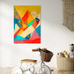 abstract artwork titled rain and featuring abstract geometric shapes and bold colours, with rain like specks scattered throughout.  Abstract artwork print hanging in kids playroom. kids wall art.
