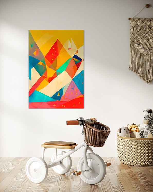 abstract artwork titled rain and featuring abstract geometric shapes and bold colours, with rain like specks scattered throughout.  Abstract artwork print hanging in kids playroom. kids wall art.