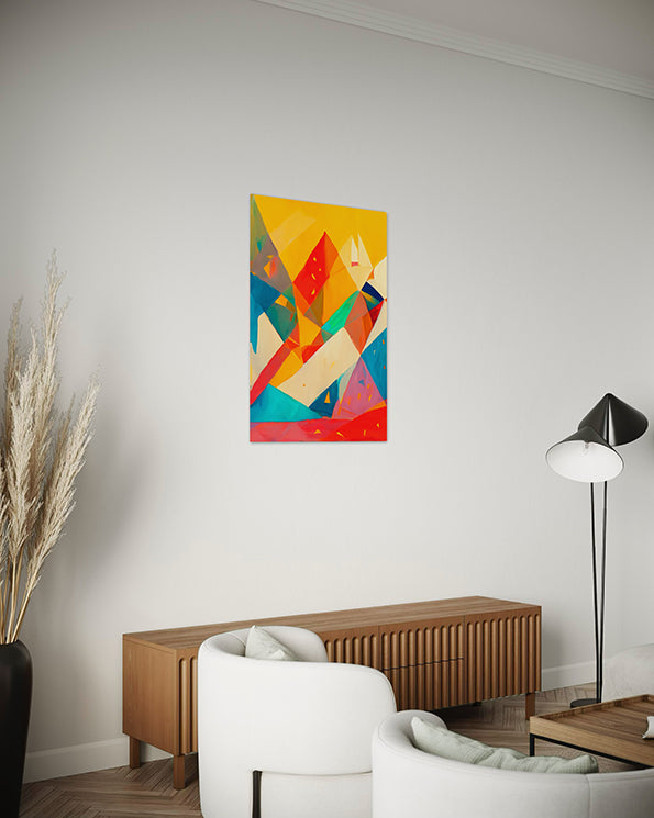 abstract artwork titled rain and featuring abstract geometric shapes and bold colours, with rain like specks scattered throughout.  Wall art print hanging in living room above a low lying bench.
