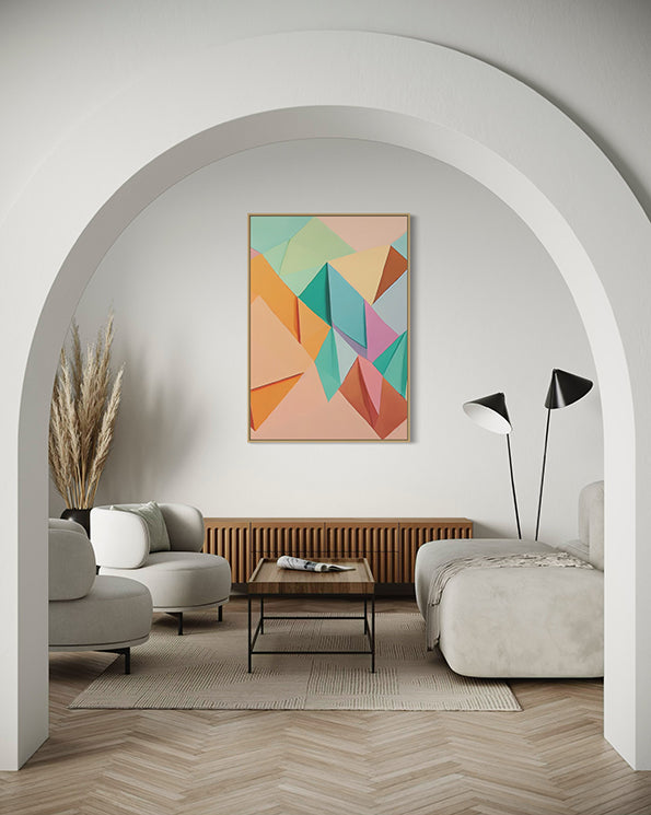 abstract artwork, pastel rainbow colours in geometric shapes, wall art print hanging in living room in a timber frame