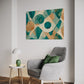 Printable Wall Art Revere an abstract artwork with green and golden abstract shapes shown in a living room