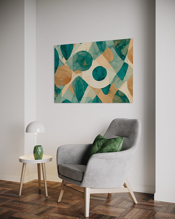 Printable Wall Art Revere an abstract artwork with green and golden abstract shapes shown in a living room