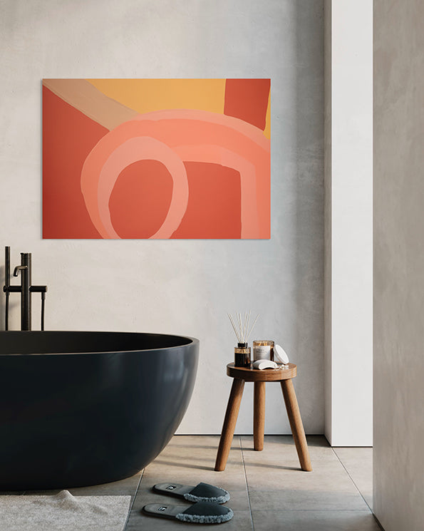 Printable Wall Art print, abstract artwork of sandbanks using apricot and yellow tones, wall art print hanging in bathroom