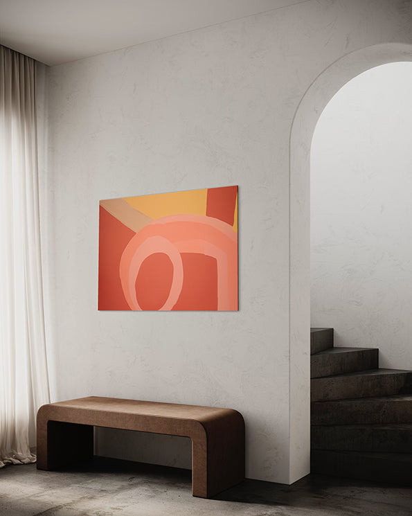 Printable Wall Art print, abstract artwork of sandbanks using apricot and yellow tones, wall art hanging on living room wall