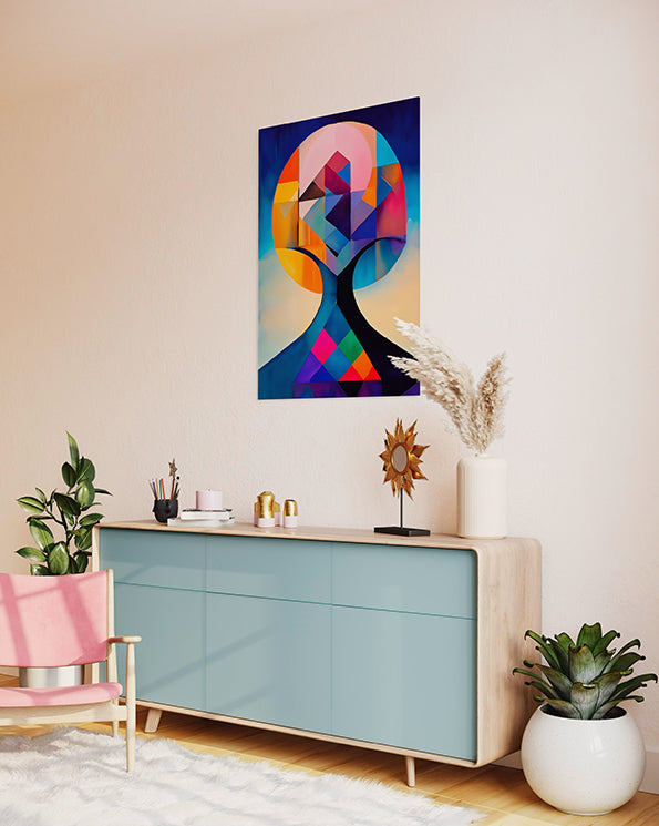abstract artwork featuring human head and tree simultaneously fully of blood and bright colours. Abstract artwork is hanging on living room wall above a low lying cabinet.