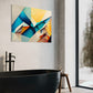 Printable wall art, bright colours and geometric shapes, looks like folded paper, wall art print hanging in bathroom