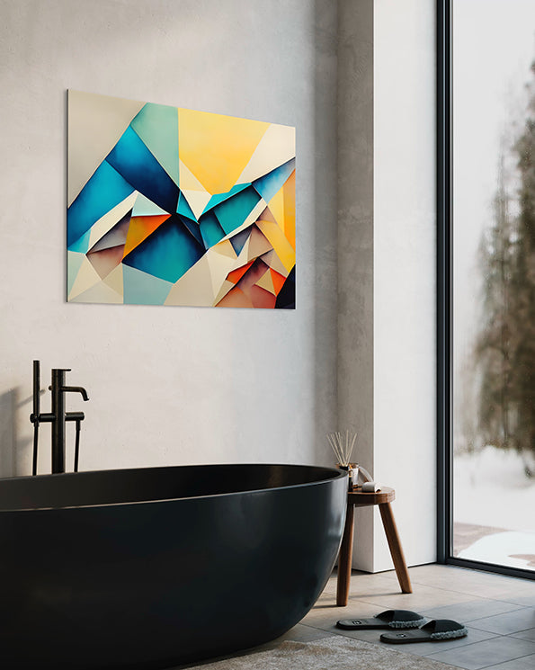 Printable wall art, bright colours and geometric shapes, looks like folded paper, wall art print hanging in bathroom
