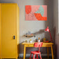 printable wall art, red, pink and a muted blue colours with a line drawing over the top create a unique printable artwork, hanging in a Child's room.